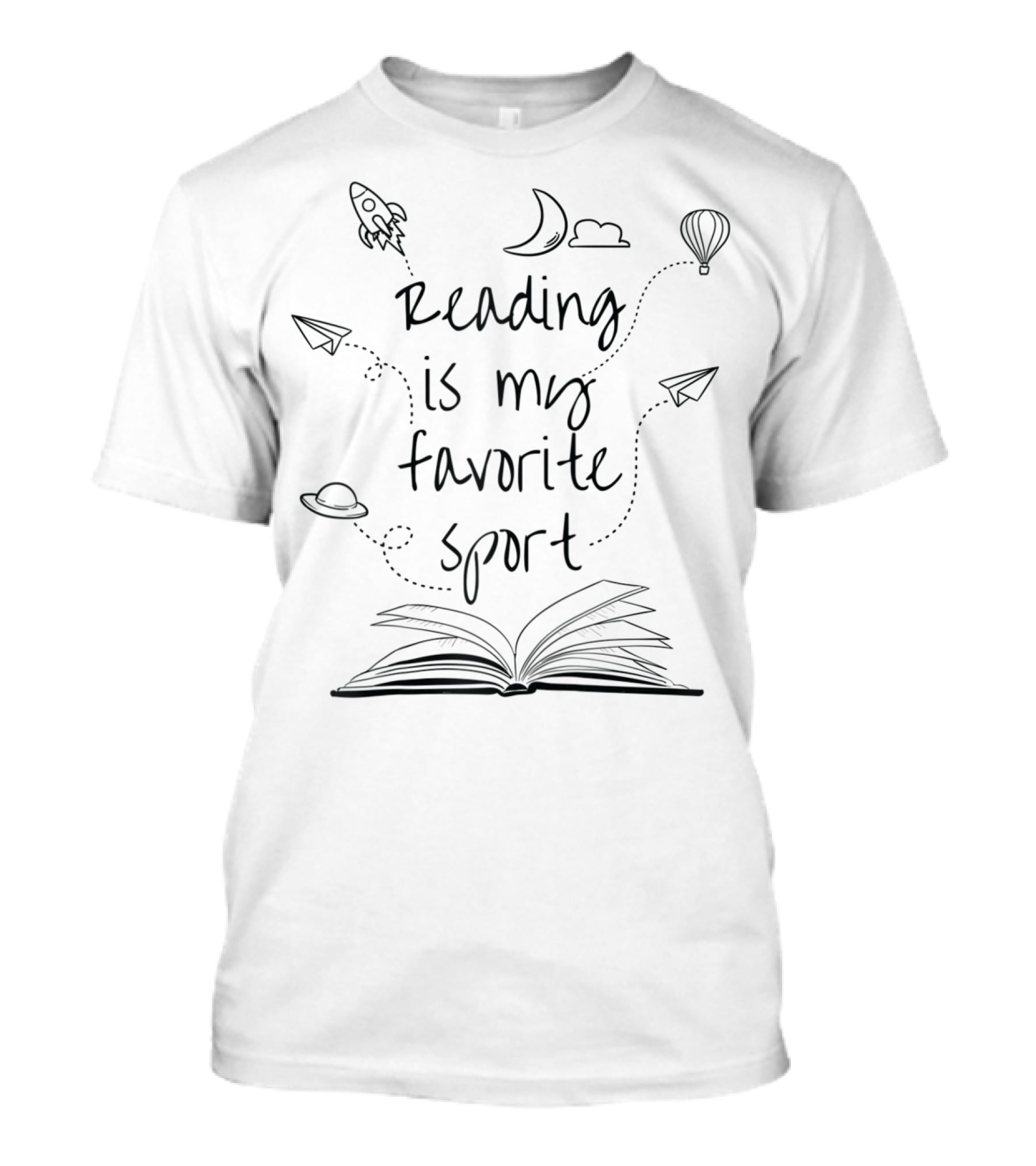 Reading Is My Favorite Sport Funny Reader Book With Rocket Moon Cloud Hot Air Balloon Paper Airplanes And Open Book T-Shirt