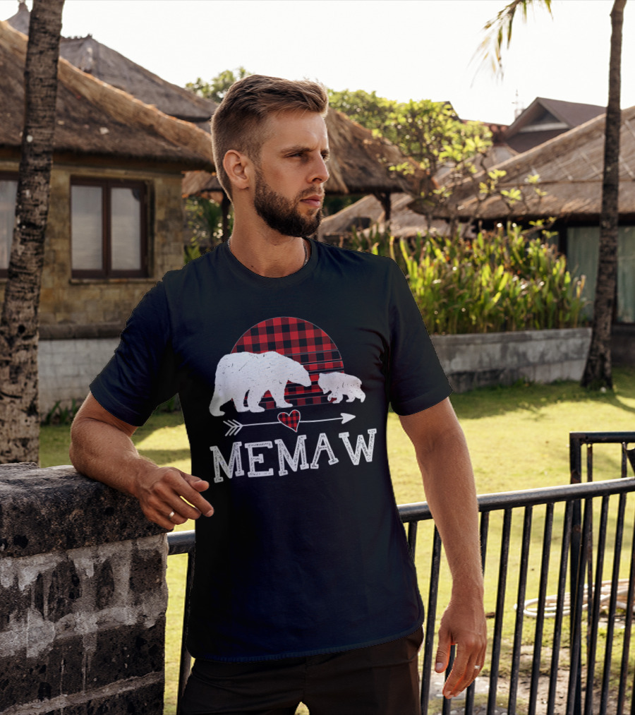 Memaw Bear With Red Plaid Buffalo Check And Heart Arrow T-Shirt