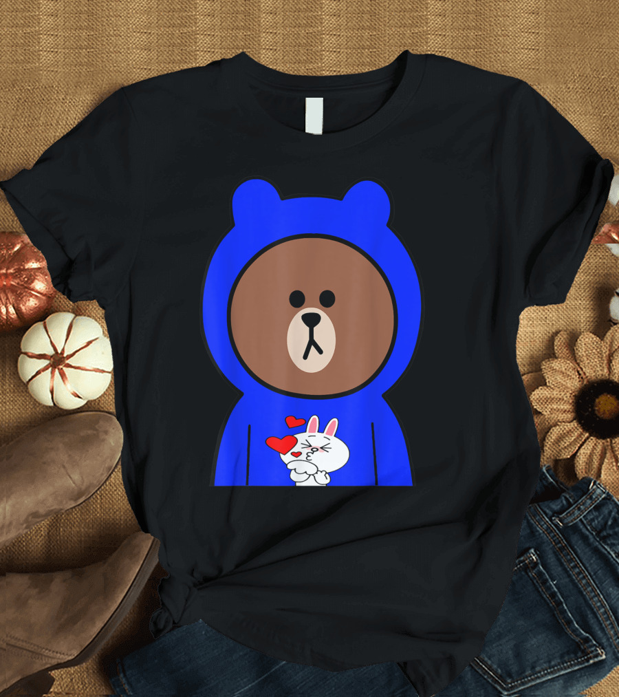 Brown Bear in Blue Hoodie with Cony Bunny Love Hearts T-Shirt