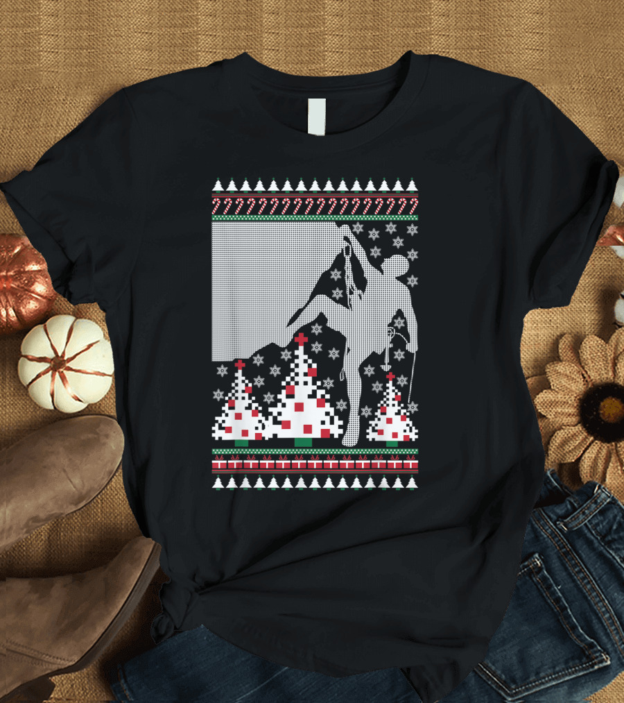 Rock Climbing Ugly Christmas Holiday Tree Pixel T-Shirt