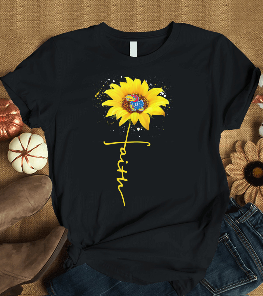 Kansas Jayhawks Sunflower Faith Cross Shape T-Shirt