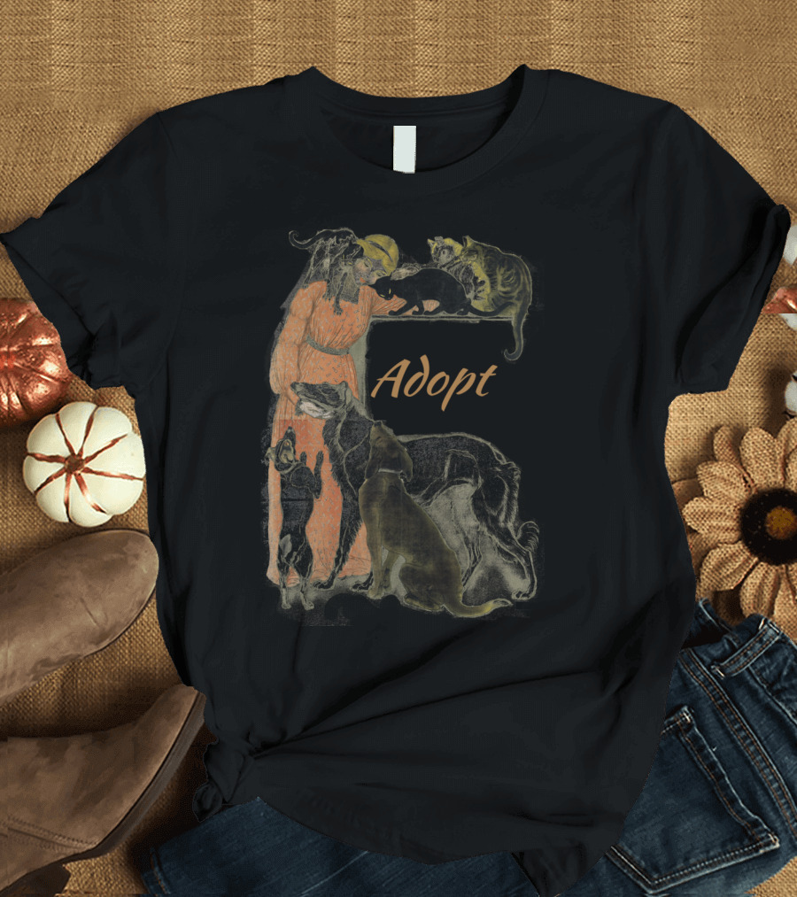Rescue Adopt Love Dog and Cat Lover with Vintage Style Woman Surrounded by Pets T-Shirt