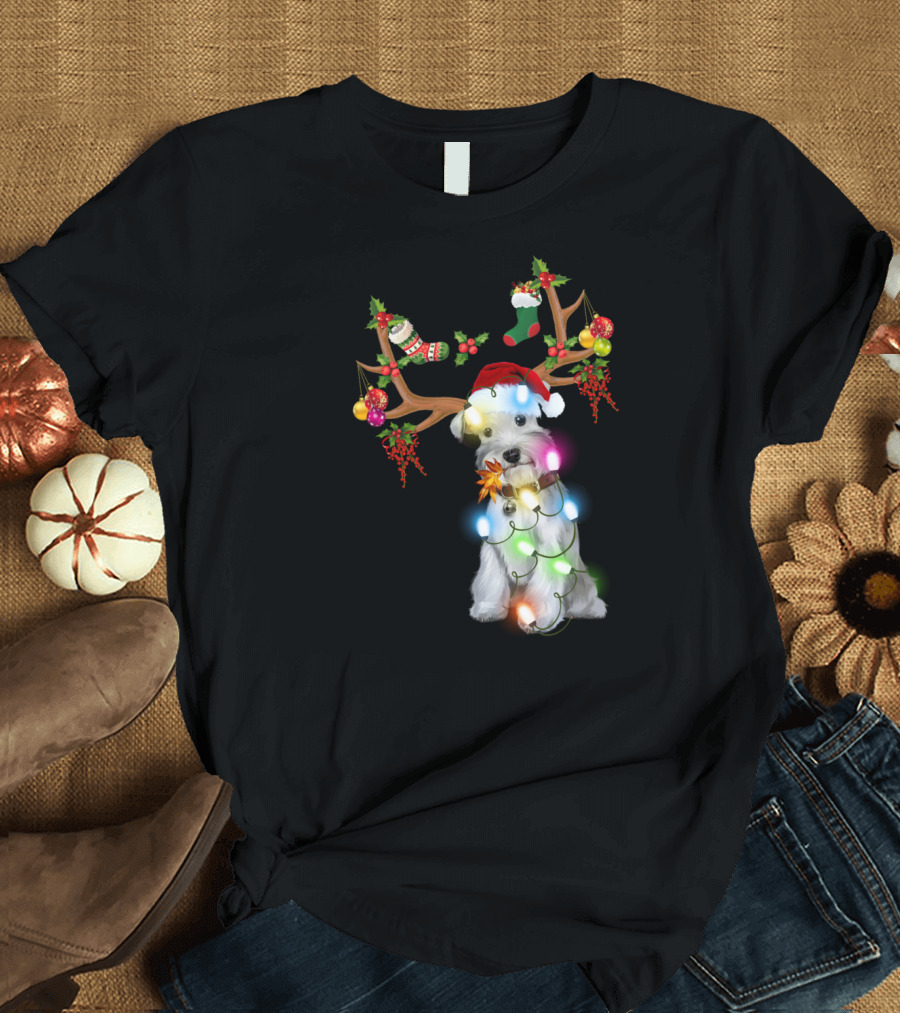 Santa Schnauzer Christmas Lights Reindeer Antlers Holiday Lover T-Shirt