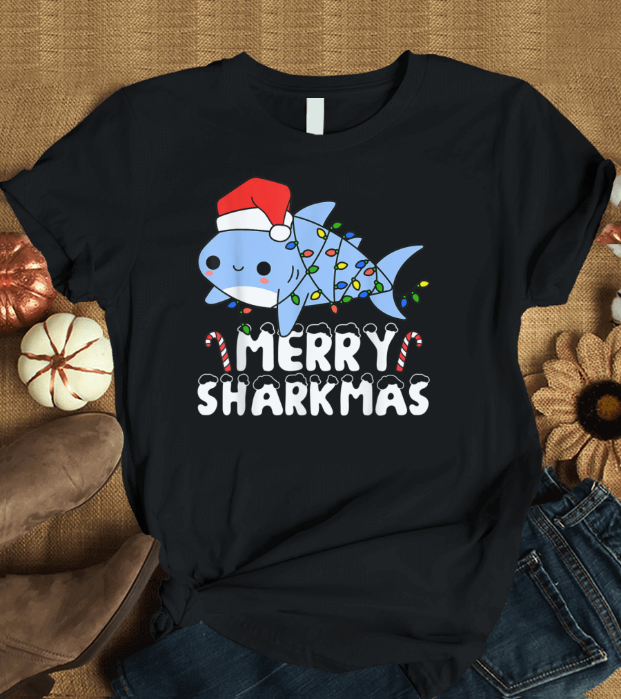 Merry Sharkmas Santa Shark Christmas Lights Boys T-Shirt