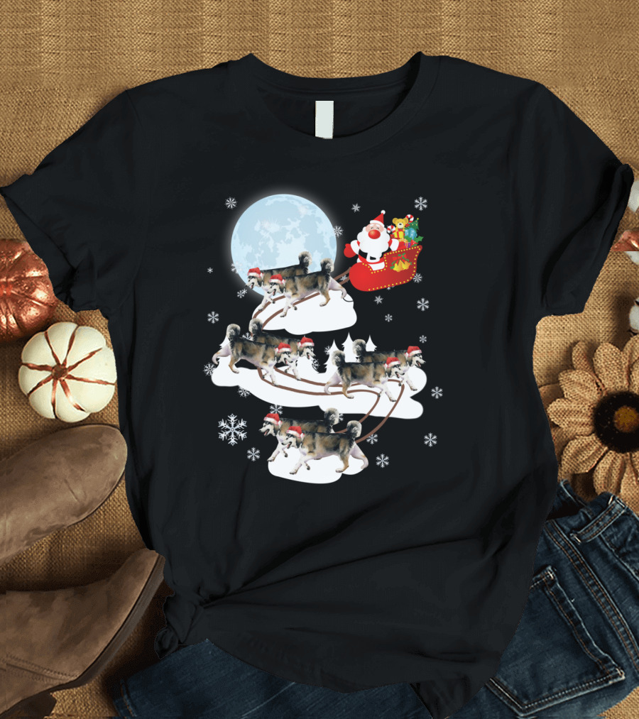 Santa Sleigh Alaskan Malamute Christmas Dog Moon Snowflakes T-Shirt