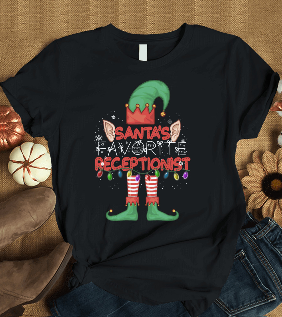 Santa's Favorite Receptionist Elf Hat Christmas Lights T-Shirt