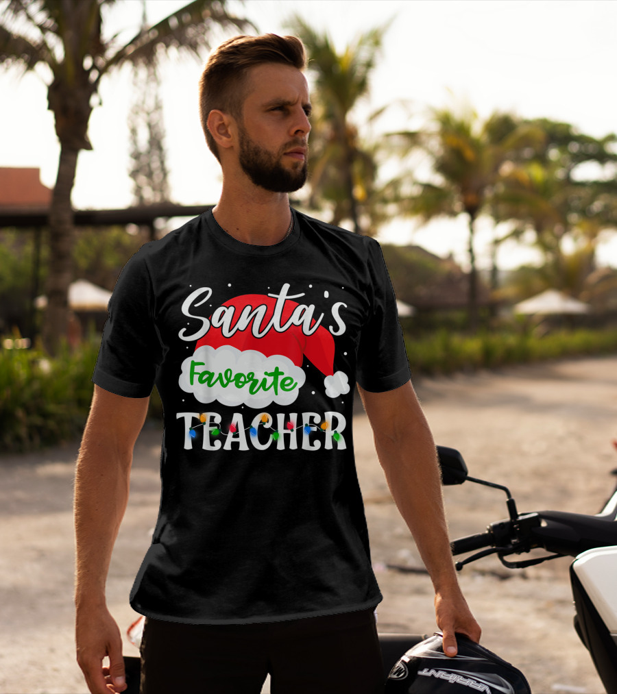Santa's Favorite Teacher Holiday Santa Hat With Christmas Lights T-Shirt