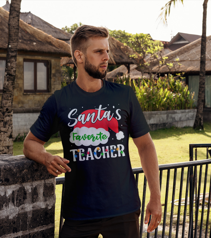 Santa's Favorite Teacher Holiday Santa Hat With Christmas Lights T-Shirt