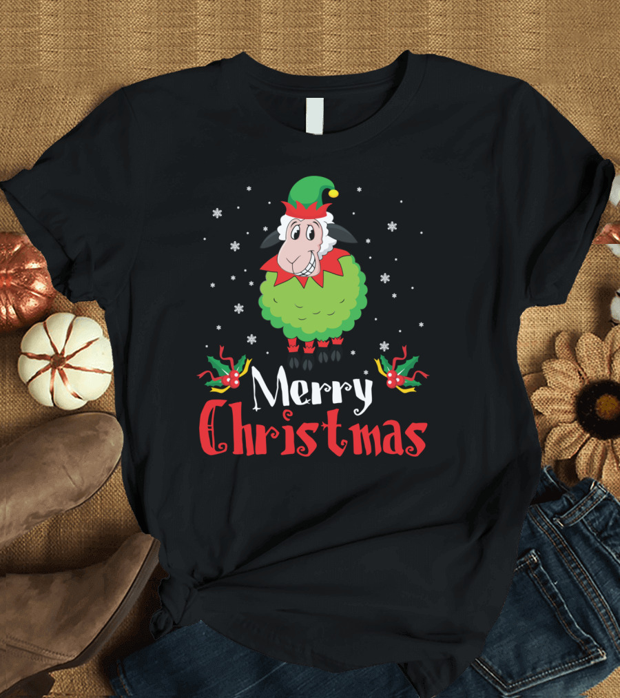 Merry Christmas Sheep in Elf Costume with Snowflakes T-Shirt