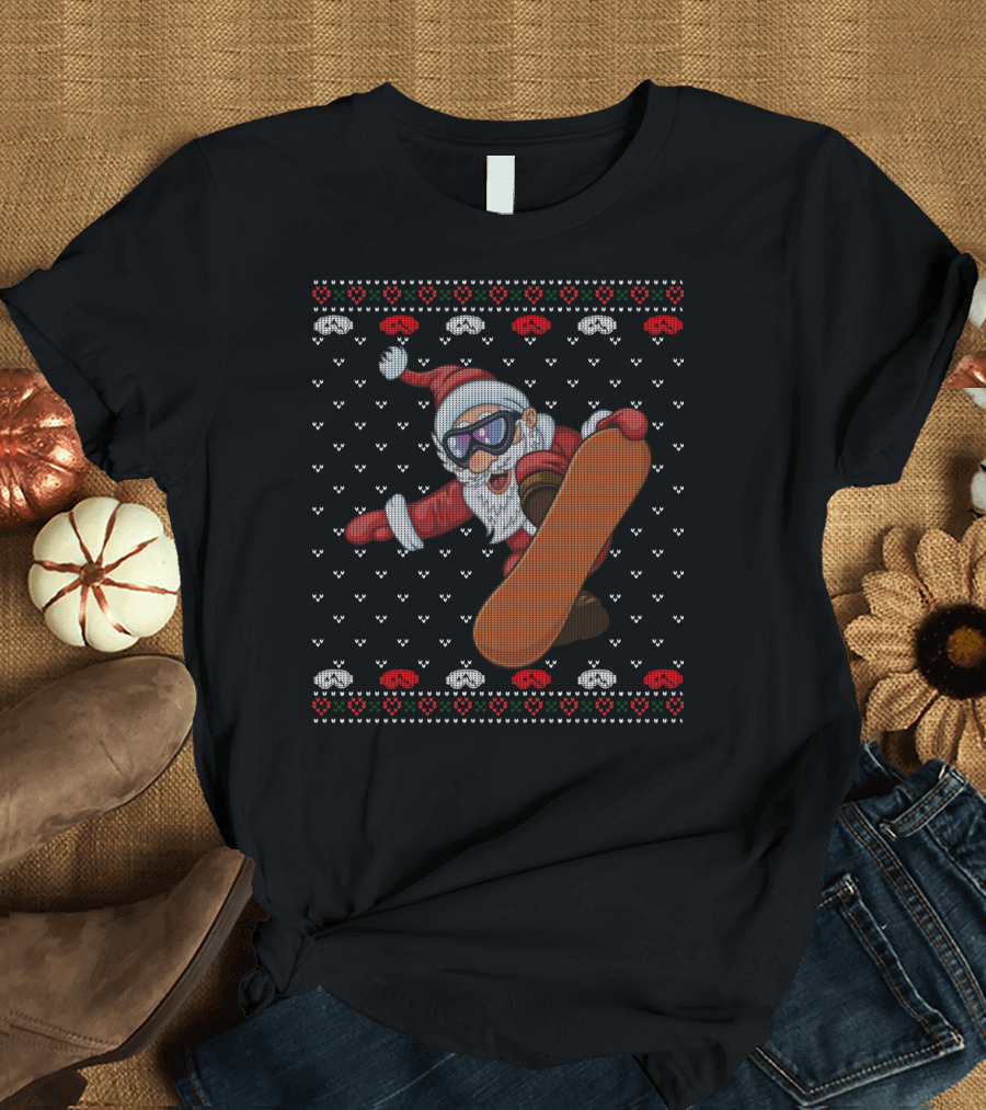 Snowboarding Santa with Goggles in Ugly Christmas T-Shirt