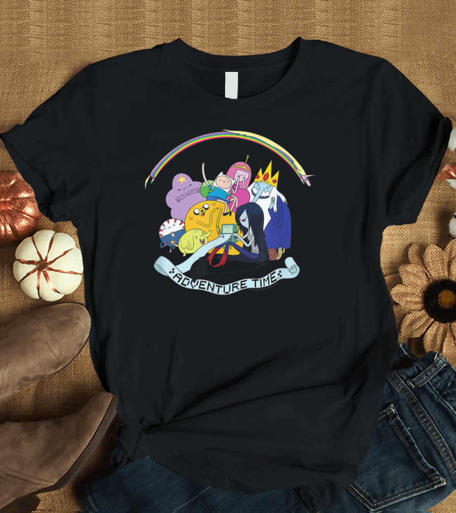 Adventure Time Characters Group with Rainbow and Script Banner T-Shirt