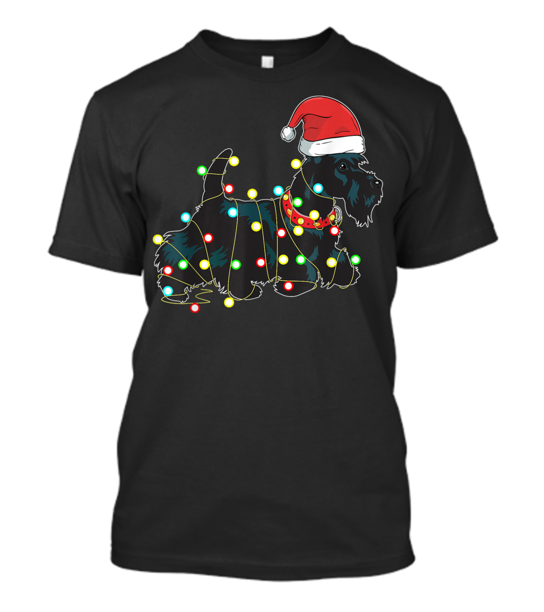 Scottish Terrier Wrapped In Christmas Lights And Santa Hat T-Shirt
