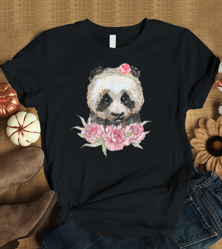 Baby Panda Bear with Pink Flower Crown and Blossoms T-Shirt