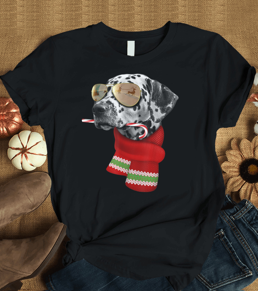 Dalmatian Christmas Dog with Candy Cane and Santa Sunglasses T-Shirt