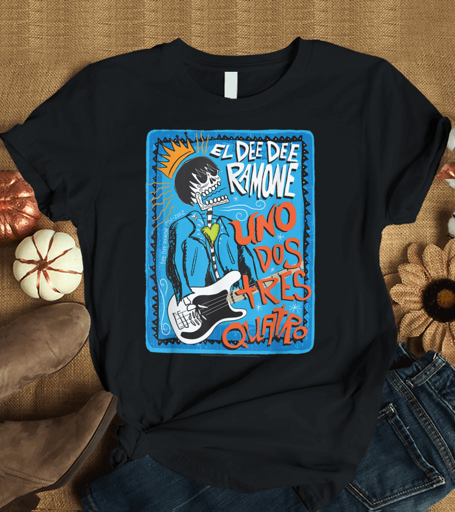 El Dee Dee Ramone Uno Dos Tres Quatro Skull Art with Crown and Heart Guitar T-Shirt