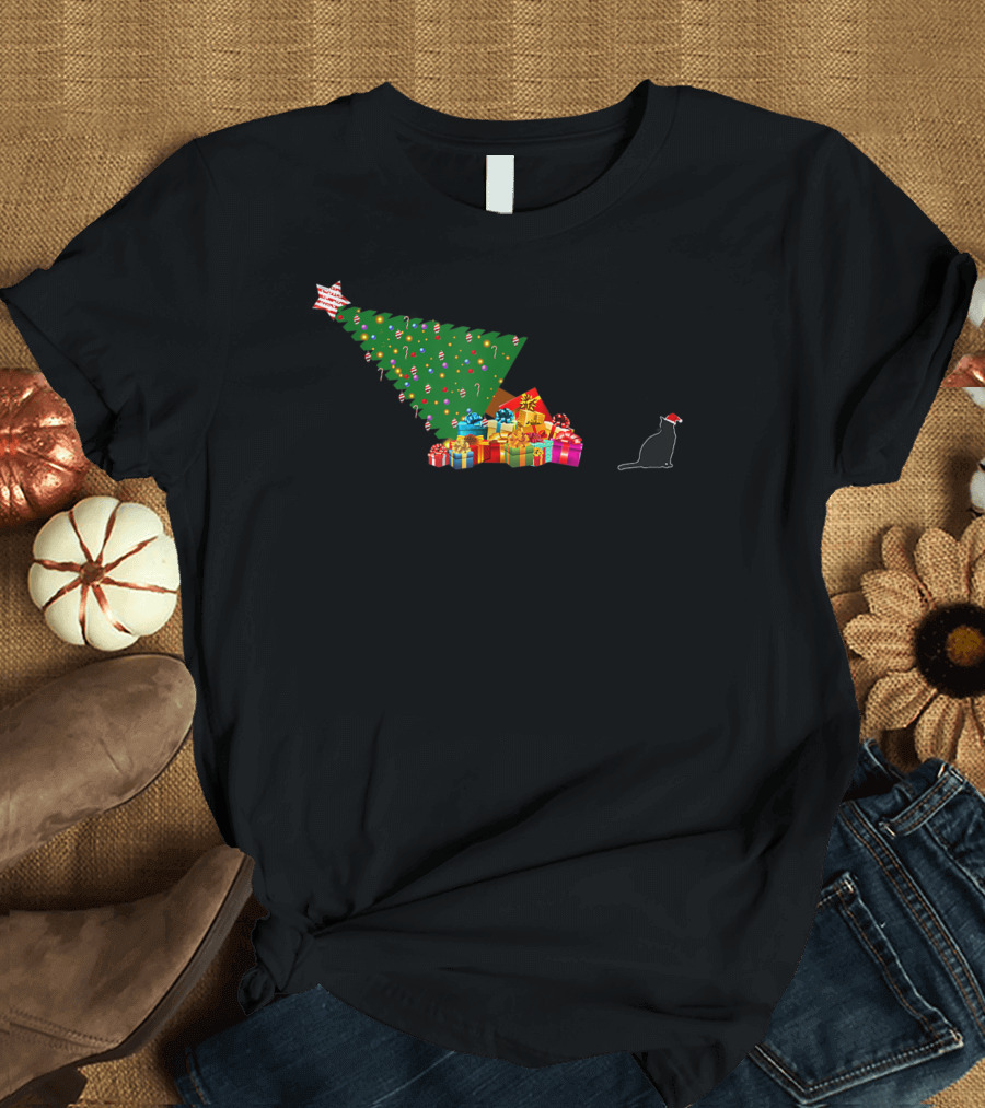Funny Cat Topples Christmas Tree with Santa Hat T-Shirt