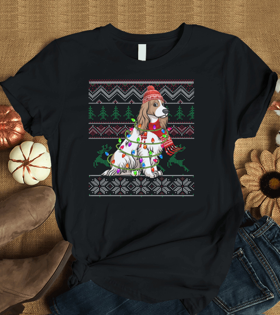 Cocker Spaniel Holiday Sweater with Christmas Lights and Reindeer T-Shirt