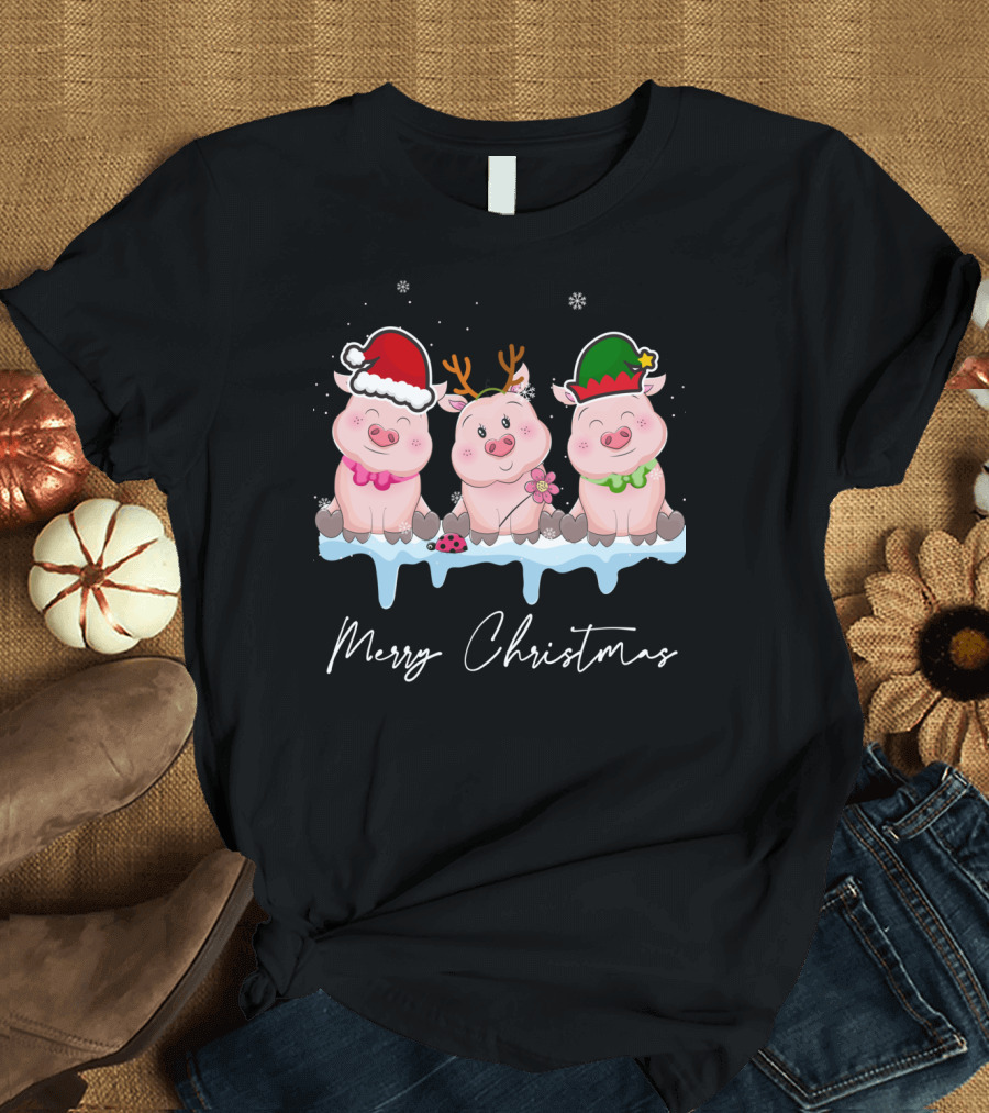 Merry Christmas Cute Pig Santa Hat Xmas Holiday Trio T-Shirt