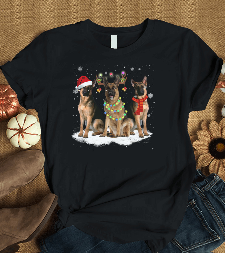German Shepherds with Santa Hat and Christmas Decorations T-Shirt