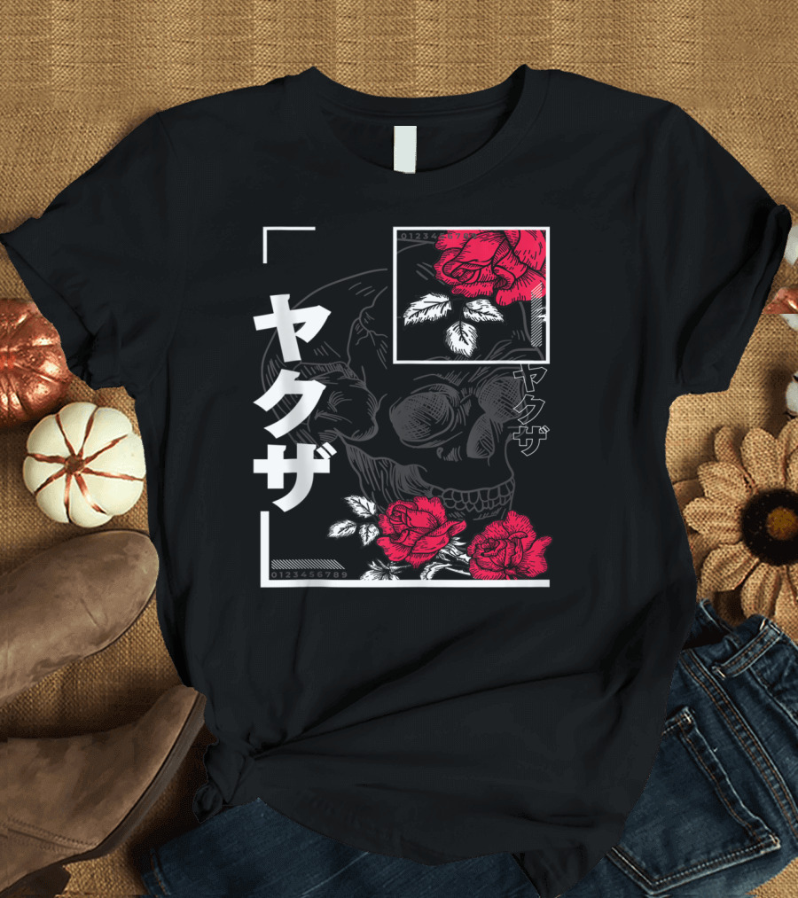 Urban Yakuza Skull and Red Roses T-Shirt
