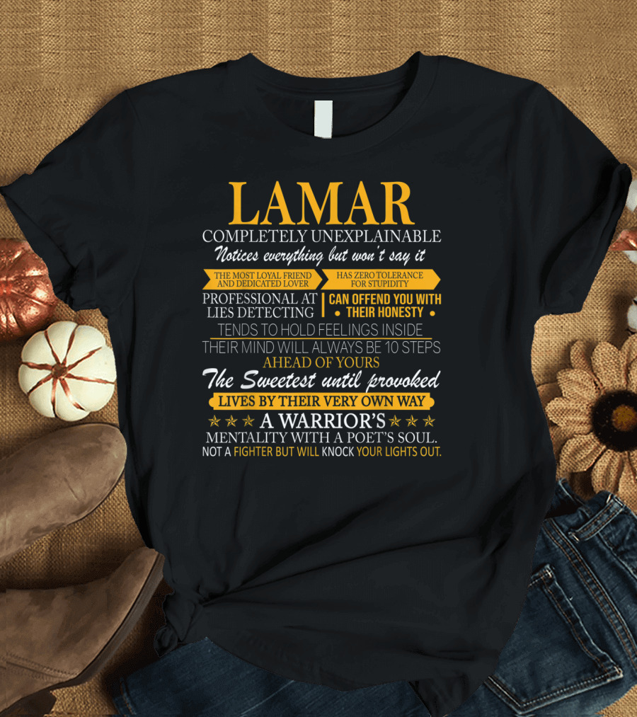 Lamar Completely Unexplainable Notice Everything Professional at Lies Detecting Sweetest Until Provoked Warrior's Mentality Poet's Soul T-Shirt