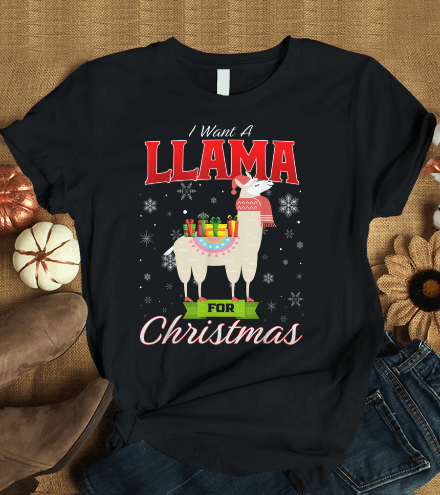 I Want A Llama For Christmas Santa Hat Snowflakes T-Shirt