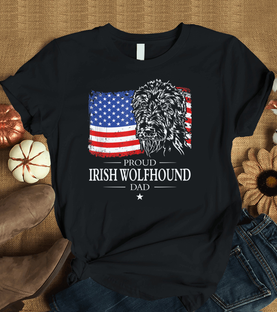 Proud Irish Wolfhound Dad American Flag T-Shirt