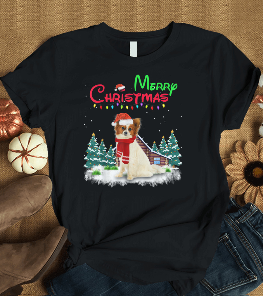 Papillon Dog with Santa Hat and Christmas Lights in Snowy Holiday Scene T-Shirt