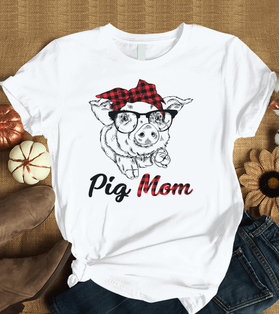 Pig Mom Piggy Outfit Mother Plaid Bow Glasses T-Shirt