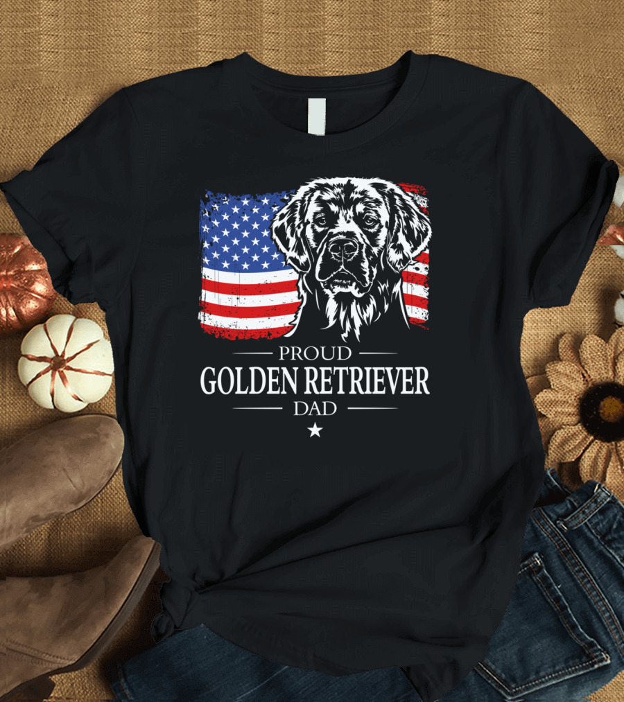 Proud Golden Retriever Dad American Flag Patriotic Canine T-Shirt