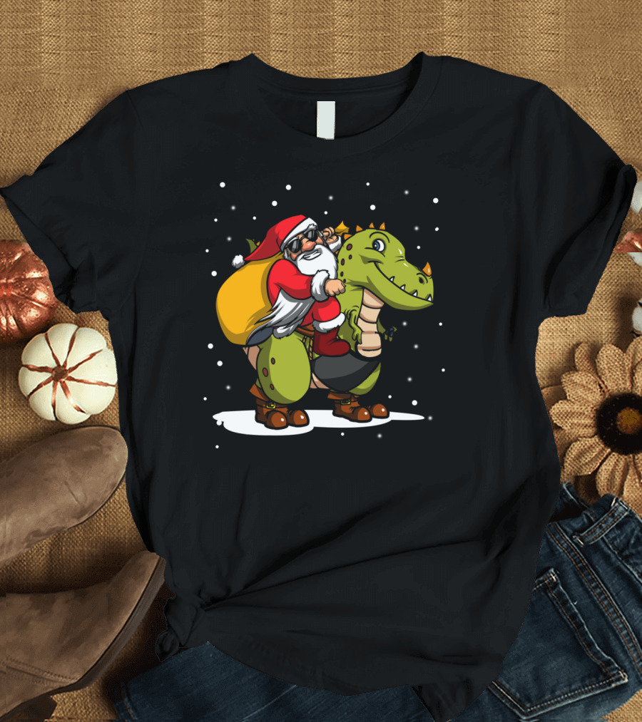 Santa Riding Dinosaur Christmas Trex Snowy Night Scene T-Shirt