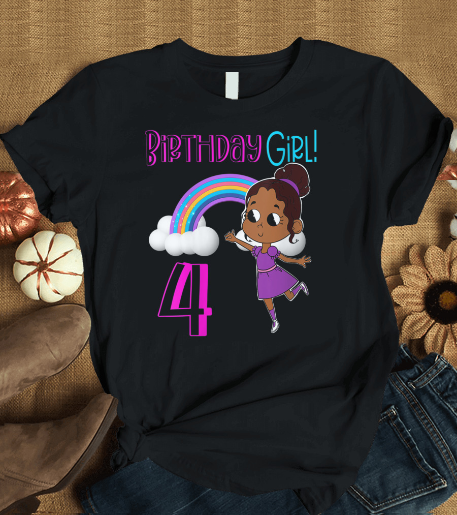Birthday Girl 4 African American Rainbow and Girl in Purple Dress T-Shirt