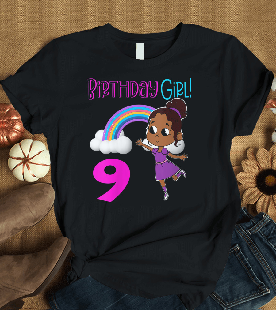 Birthday Girl 9 African American Rainbow Purple Dress T-Shirt