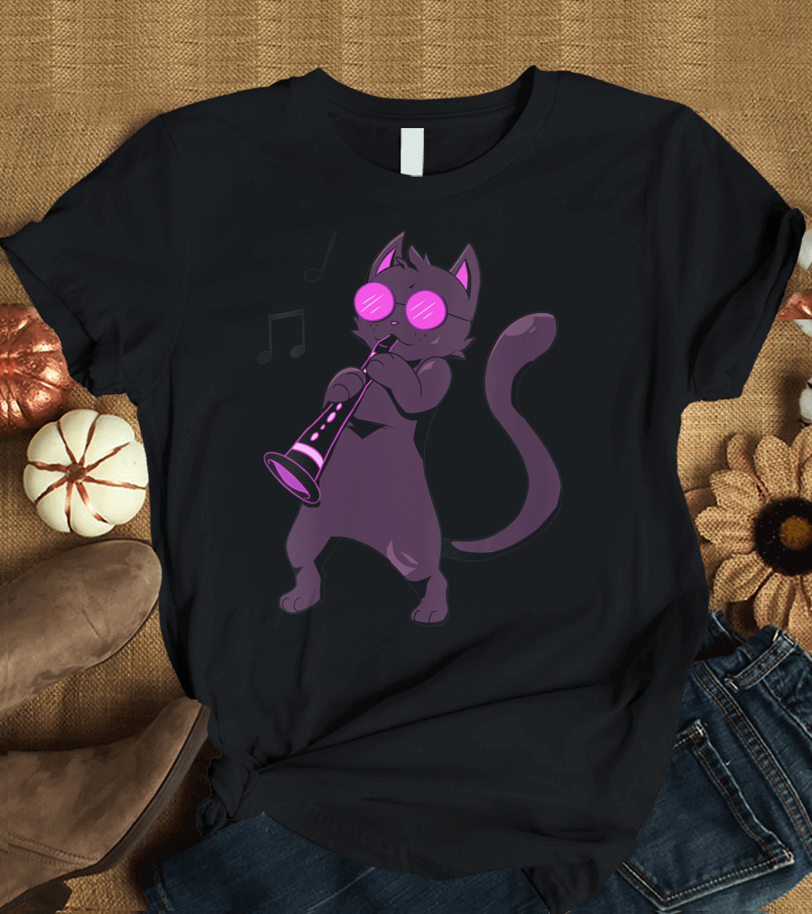 Clarinet Cool Cat Hippy Hipster Kitty with Sunglasses and Music Notes T-Shirt