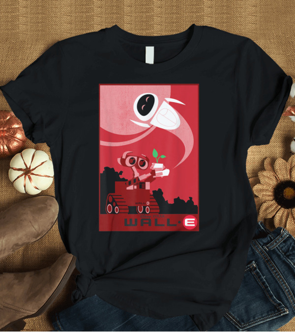 T-Shirt: Disney Pixar Wall-E and Eve Red Poster with Plant T-Shirt Disney Pixar Wall-E and Eve Red Poster with Plant T-Shirt
