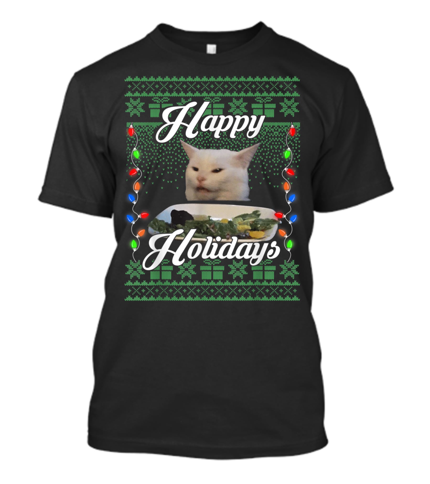 Happy Holidays Cat Meme With Festive Lights And Green Gift T-Shirt
