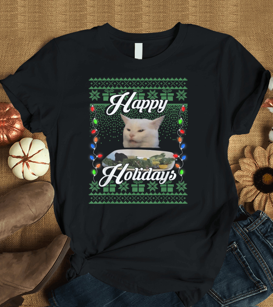 Happy Holidays Cat Meme with Festive Lights and Green Gift T-Shirt