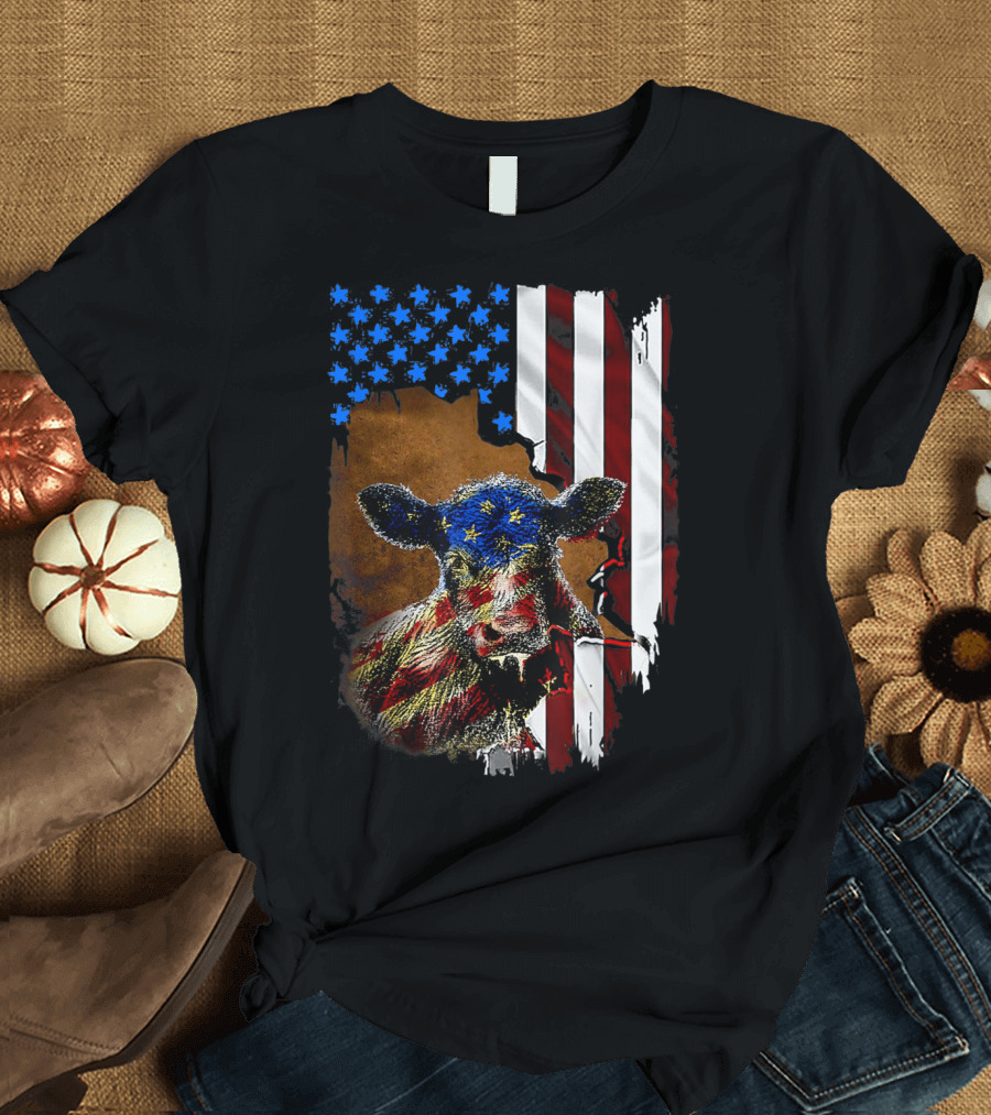 Heifer American Flag Farmer Cow Cattle July 4 T-Shirt