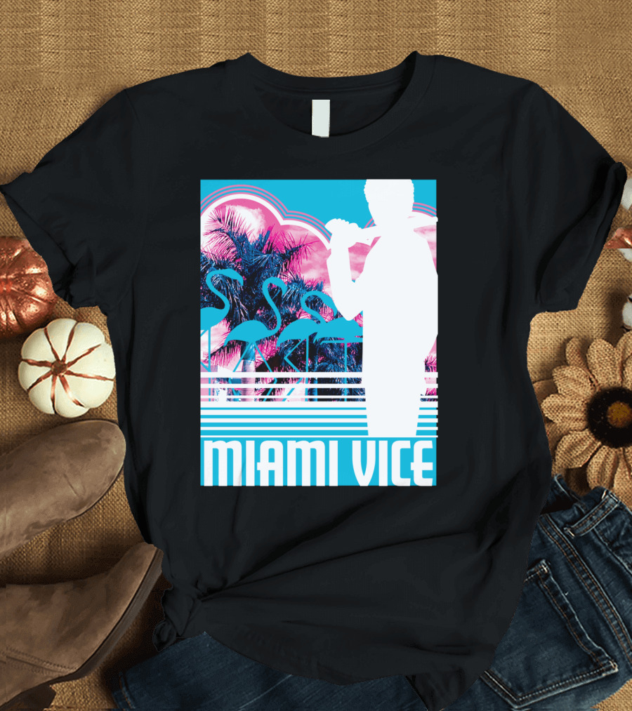 Miami Vice Neon Flamingo Silhouette Tropical T-Shirt