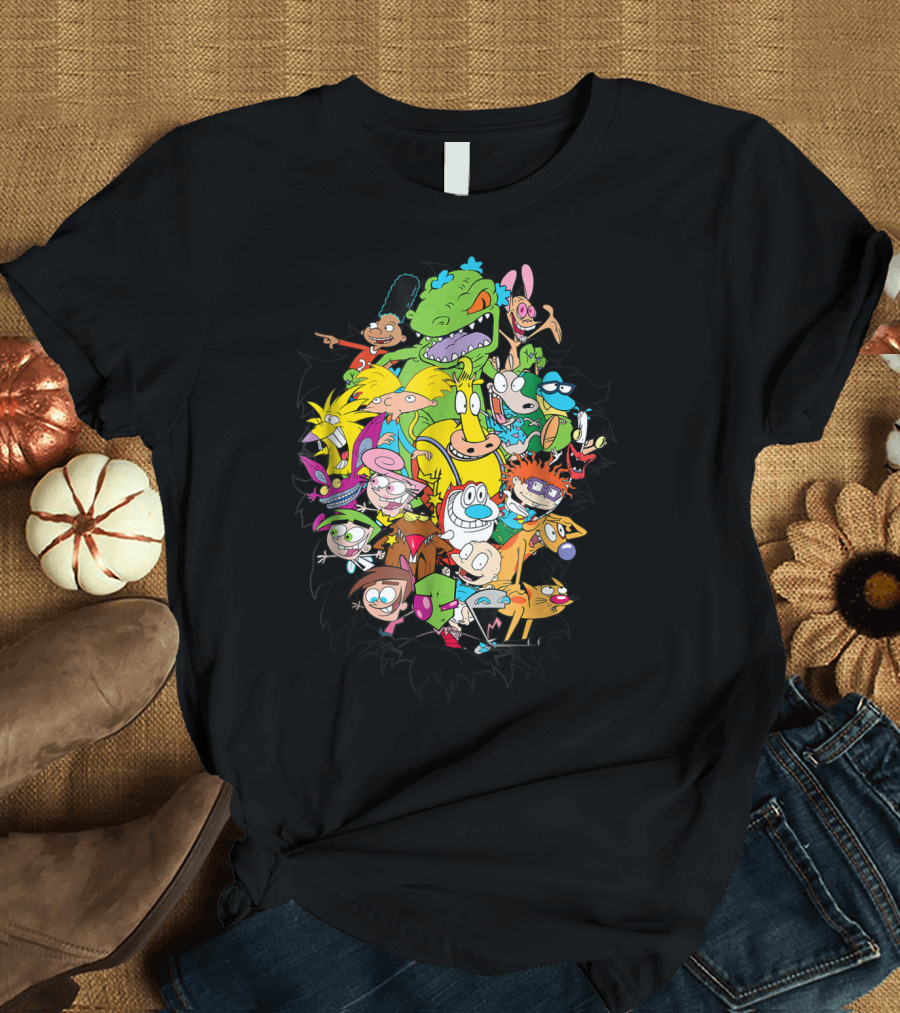Nickelodeon Classic Characters Rugrats Hey Arnold Rocko's Modern Life Ren and Stimpy CatDog Fairly OddParents All Real Monsters Explosion T-Shirt