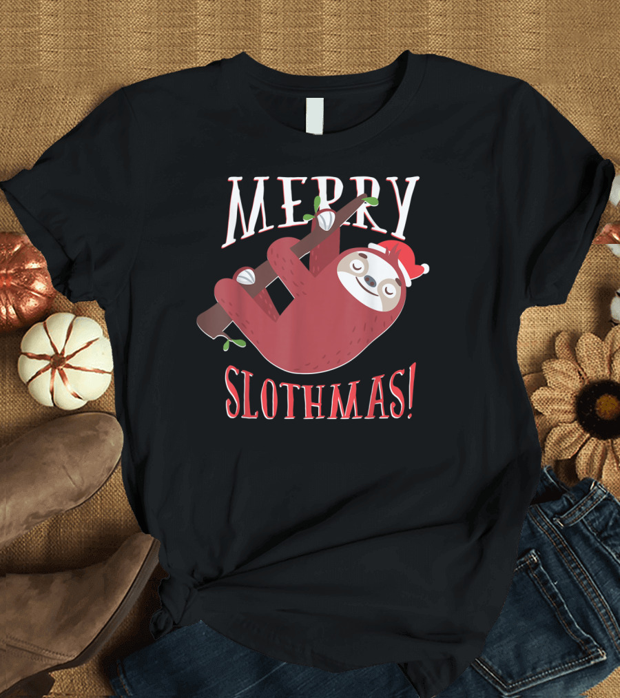 Merry Slothmas Santa Hat Sloth Holiday Greeting T-Shirt
