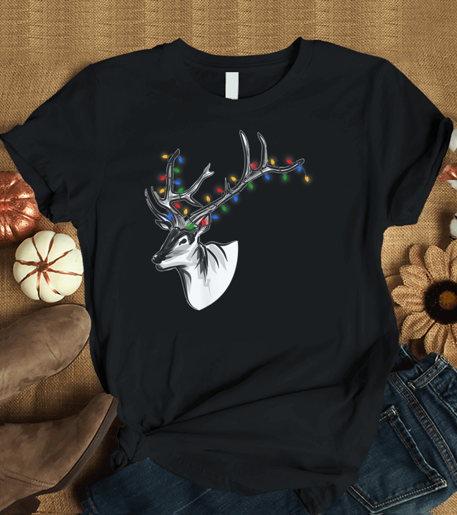 Reindeer with Colorful Christmas Lights on Antlers Funny Animal T-Shirt
