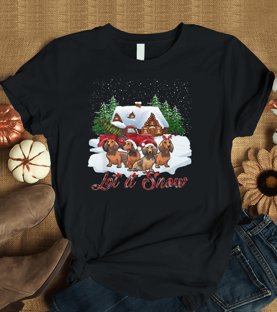 Santa Dachshund Let It Snow with Snowy Cabin and Red Truck T-Shirt