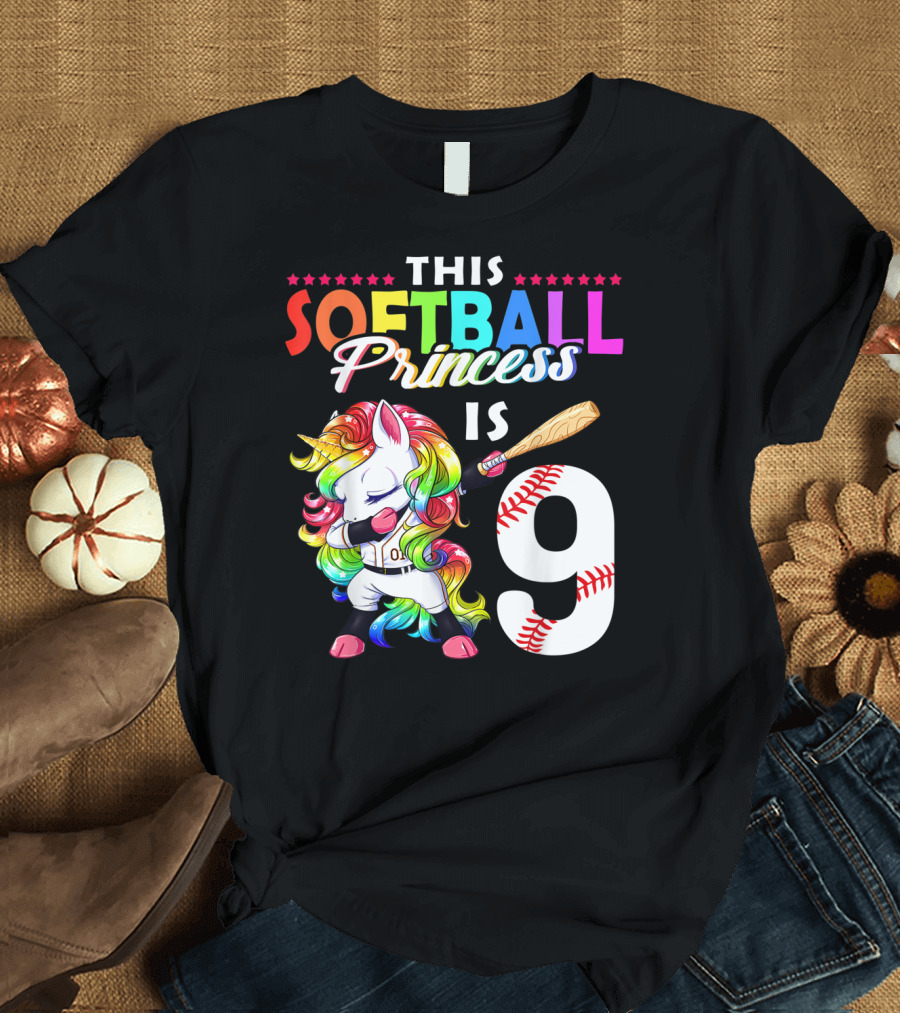 This Softball Princess Is 9 Unicorn Birthday Rainbow Bat T-Shirt