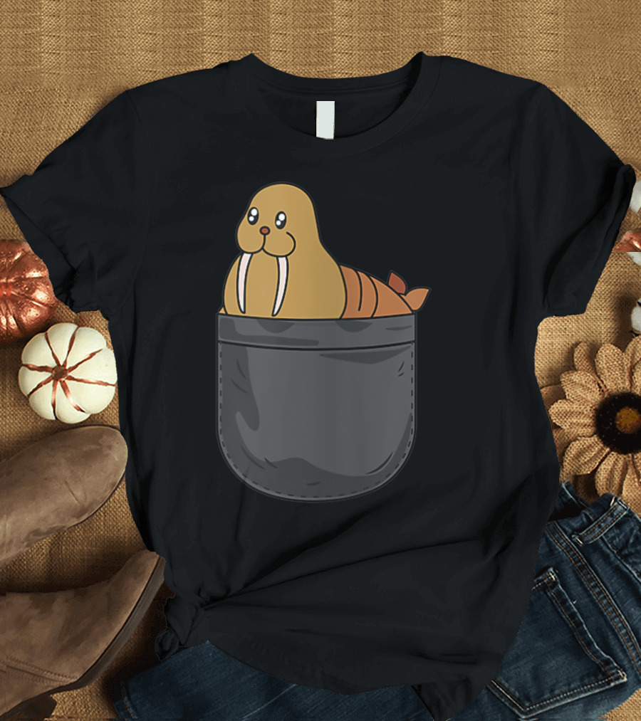 Walrus In Pocket Funny Animal Lover Cute Cartoon Walrus T-Shirt