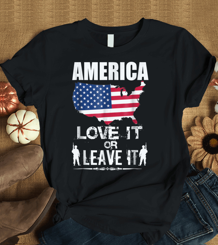 America Love It Or Leave It USA Flag Map with Soldiers T-Shirt