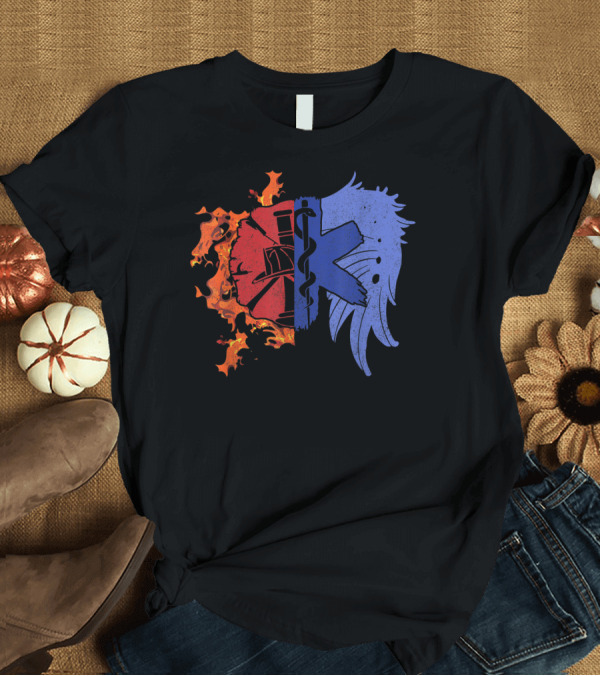 T-Shirt: Firefighter EMT EMS Wing Flaming Helmet and Blue Star of Life Wing T-Shirt Firefighter EMT EMS Wing Flaming Helmet and Blue Star of Life Wing T-Shirt