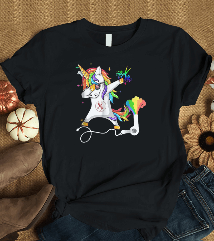 Hairstylist Unicorn Dabbing with Rainbow Blow Dryer and Scissors T-Shirt