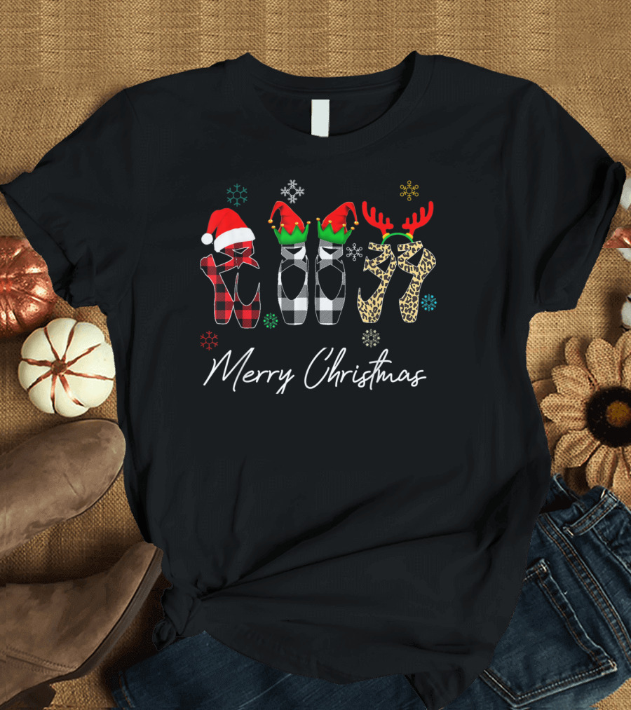 Merry Christmas Ballet Shoes Buffalo Plaid Leopard T-Shirt