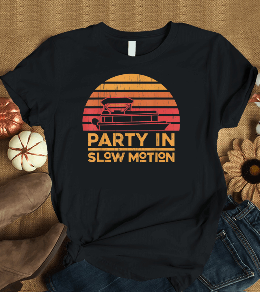 Pontoon Boat Party in Slow Motion Retro Sunset T-Shirt